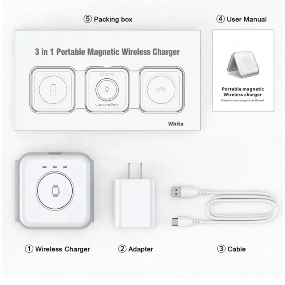 RTOPS 3 In 1 Portable Magnetic Wireless Charger IPhone Apple Watch AirPods White